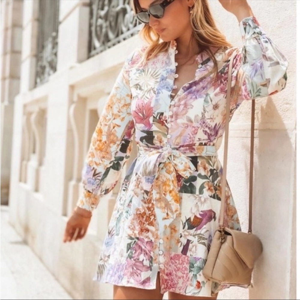 Zara linen blend floral button mini dress